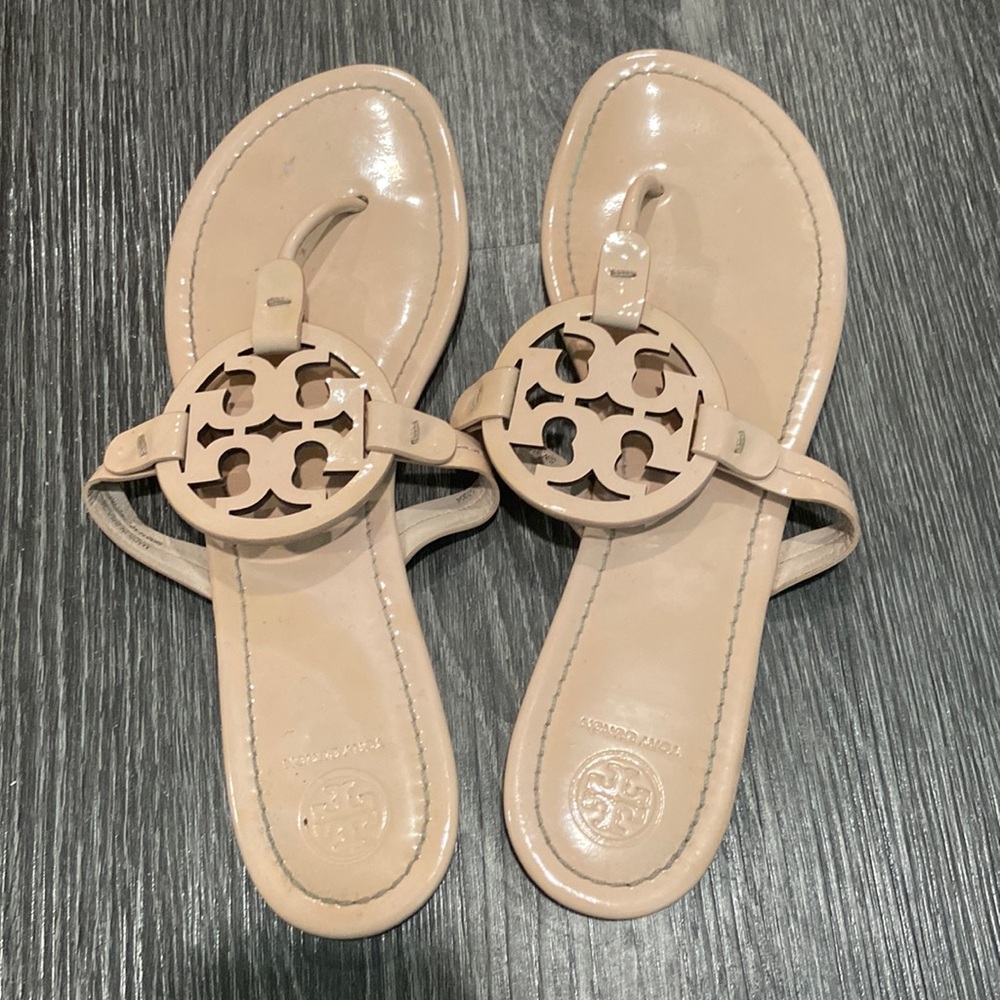 Tory Burch light sand patent miller sandals